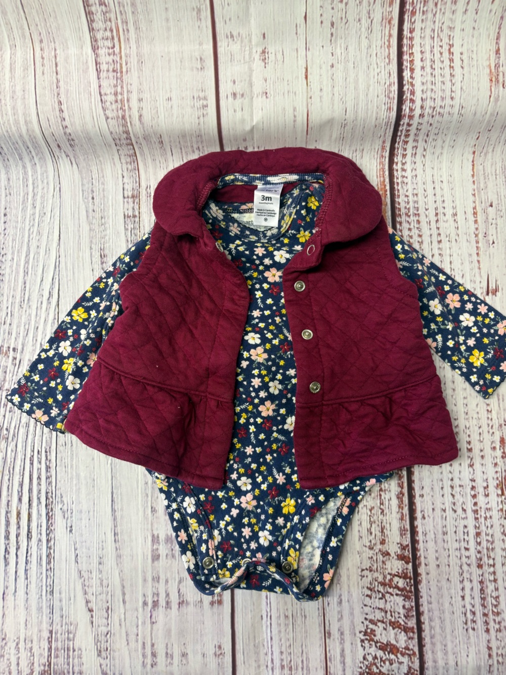 Carter's Burgundy Quilted Vest with Navy Floral Onesie